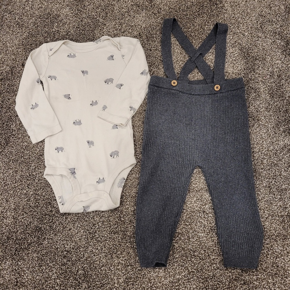 Carters Baby 18M Sheep Print Bodysuit and Gray Ribbed Suspender Pants Set 2pc - Picture 1 of 9